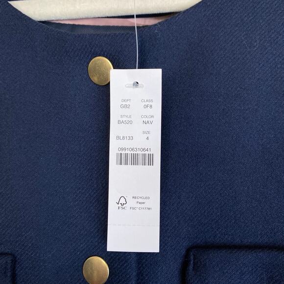 NWT J. CREW Relaxed Lady Jacket Double Serge Navy Blue x Gold Collarless Wool 4 - Picture 7 of 11